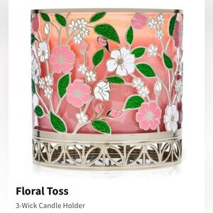 “FLORAL TOSS” Spring & Summer Pink/Green/White Colors, 3-Wick Candle Holder, NWT